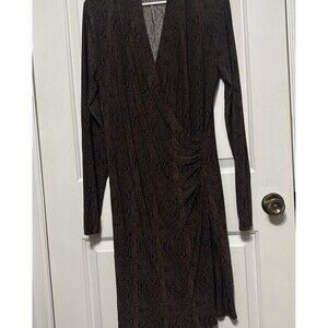 Norma Kamali brown black snake skin print faux wrap dress ruched side size L